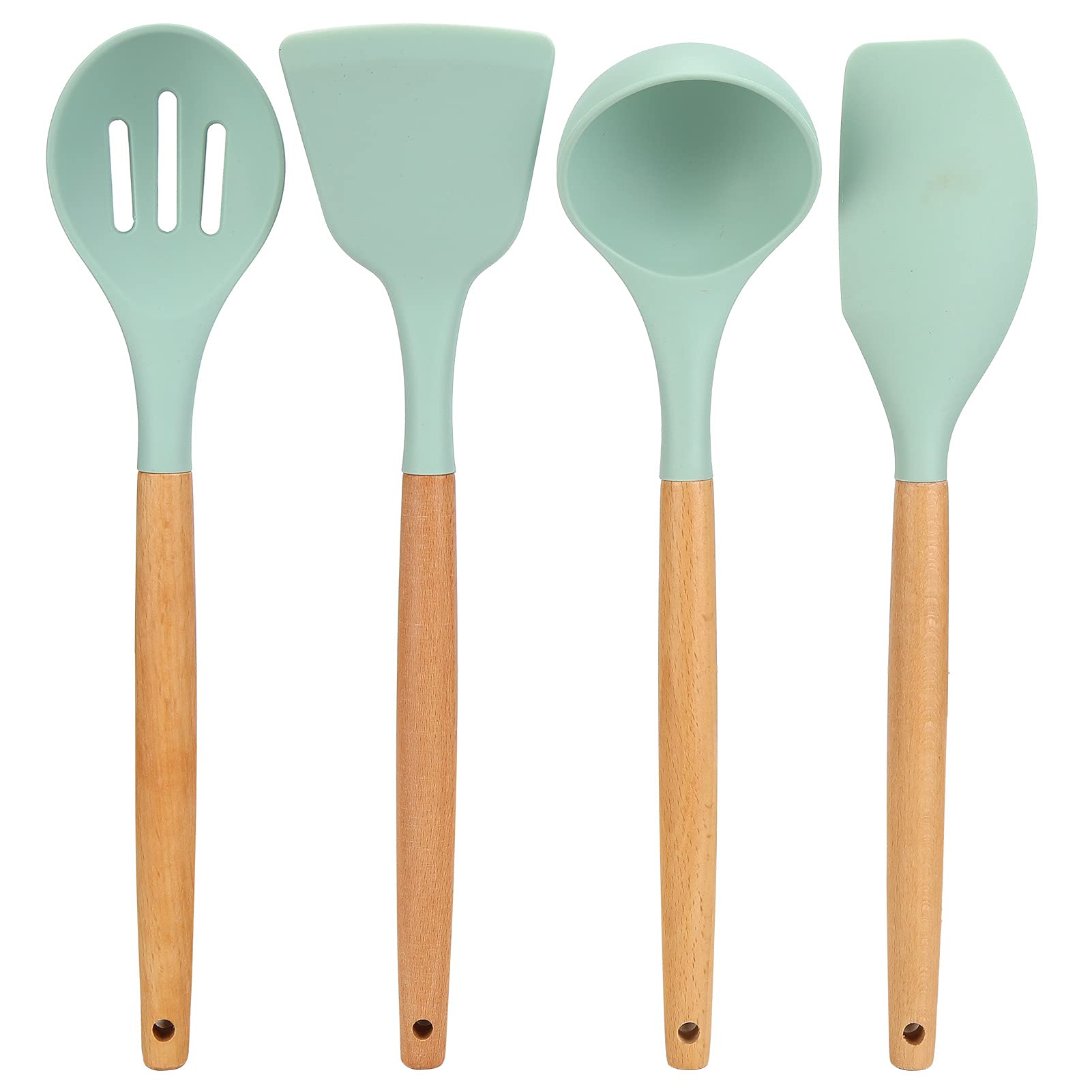 12 Teiliges Küchenutensilien Set, Antihaftbeschichtete Silikon Kochutensilien mit Holzgriff, Silikon Küchenhelfer Utensilien Set, Kochwerkzeug für die Heimküche (Hellgrün)
