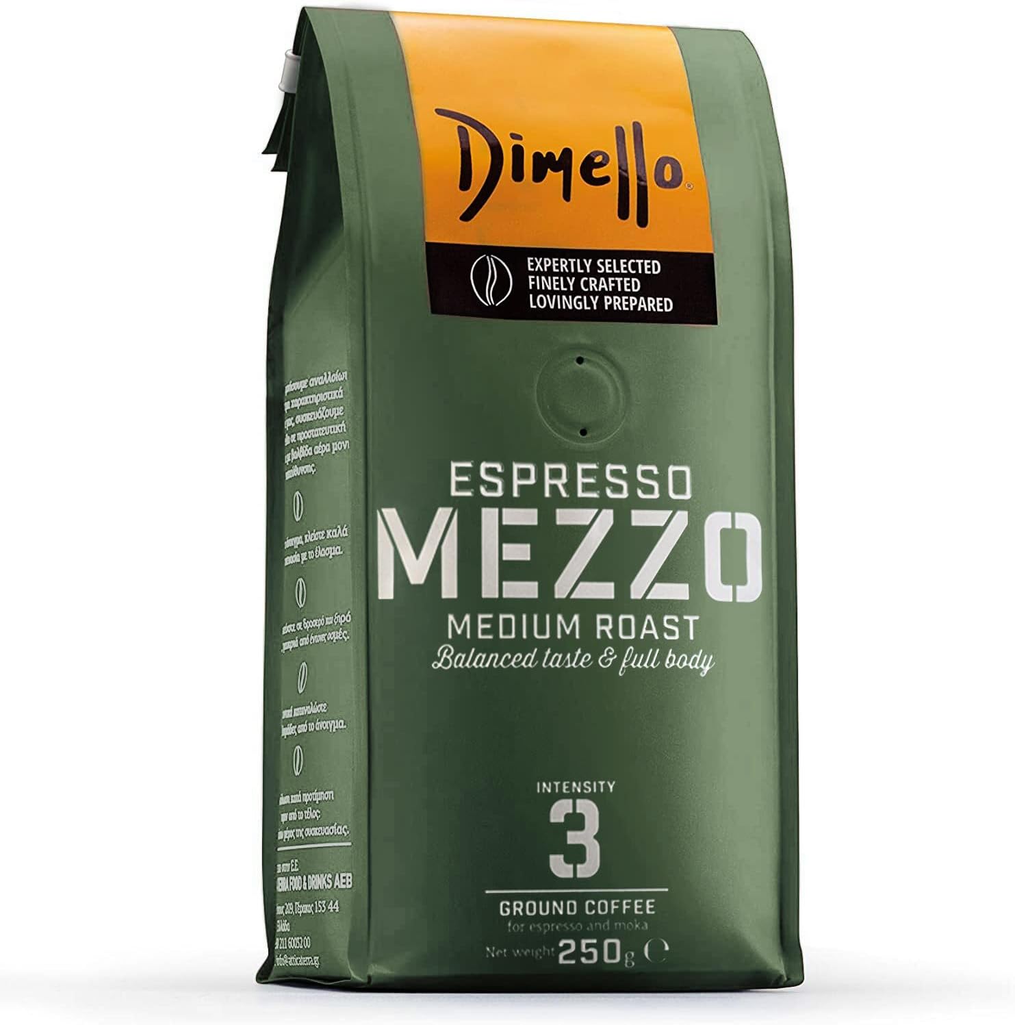 – Dimello Mezzo Ground Coffee (250g) - Medium Roast Arabica & Robusta, Perfect for Moka Pots and Espresso, Rich Flavour & Balanced Body, Mild to Low Intensity