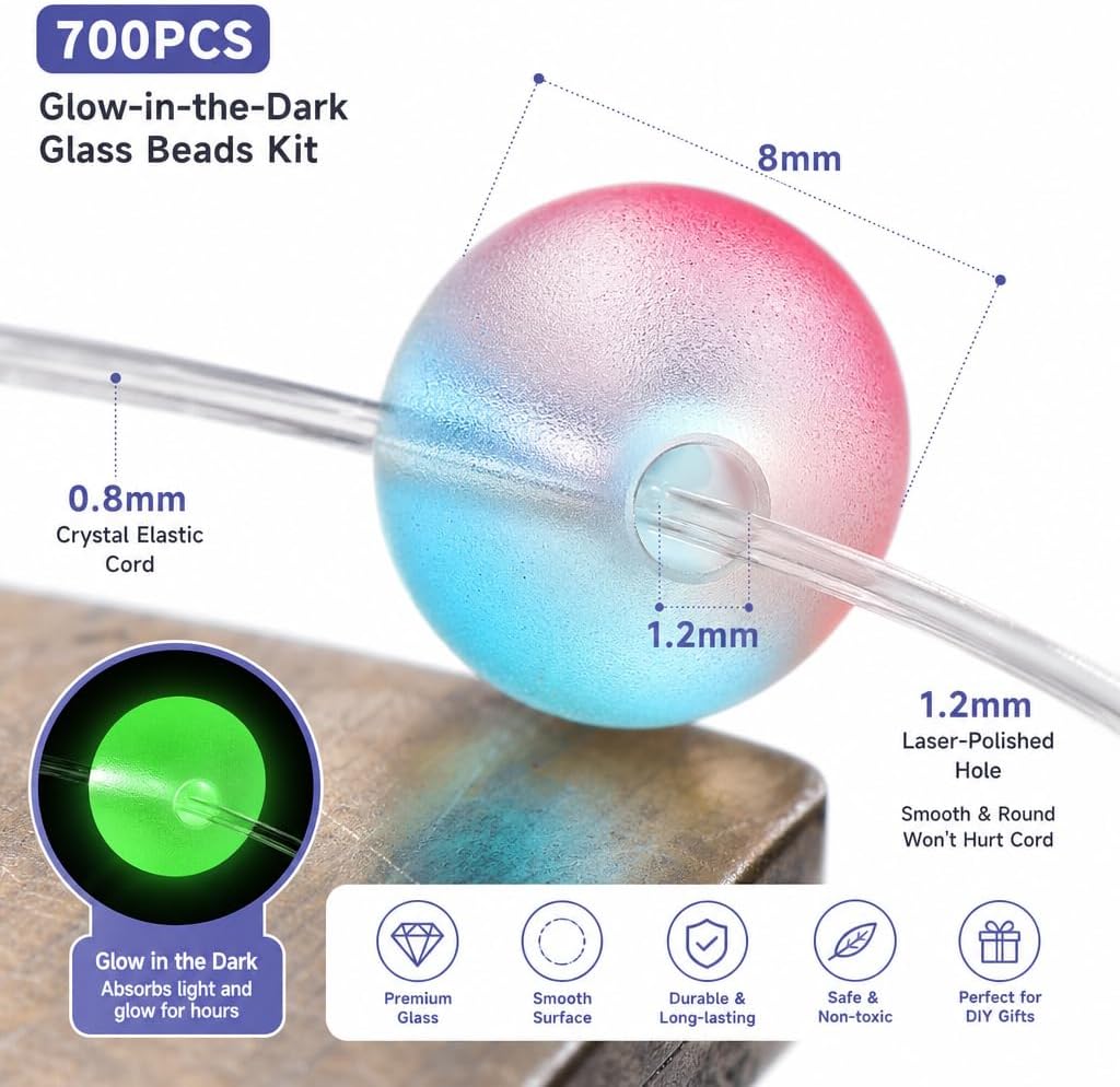 RACIOCK 700Pcs Glow-In-The-Dark Glass Beads for Bracelets Making, 8mm 26 Color Crystal Beads for Necklaces, Bracelet, Earrings DIY Crafts & Party Decoration, Gifts for woman & Night Sports Enthusiasts