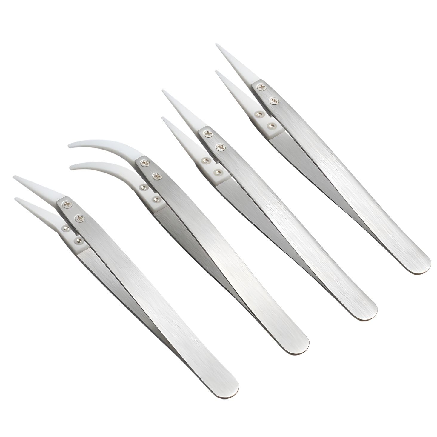 Pinzas de precisión, pinzas extrafinas, cerámica, punta doblada, resistentes al calor, no magnéticas, antiestáticas, modelo de plástico, modelo (4, plateado)