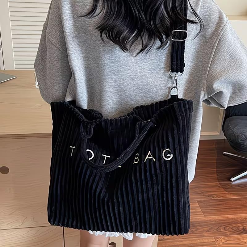 Image of Kawn Korean Tote Bag Aesthetic Corduroy Canvas Handbag for Women Zipper Casual Large Capacity Shoulder Bag with Pockets Versatile Everyday use for College Work Travel & Shopping