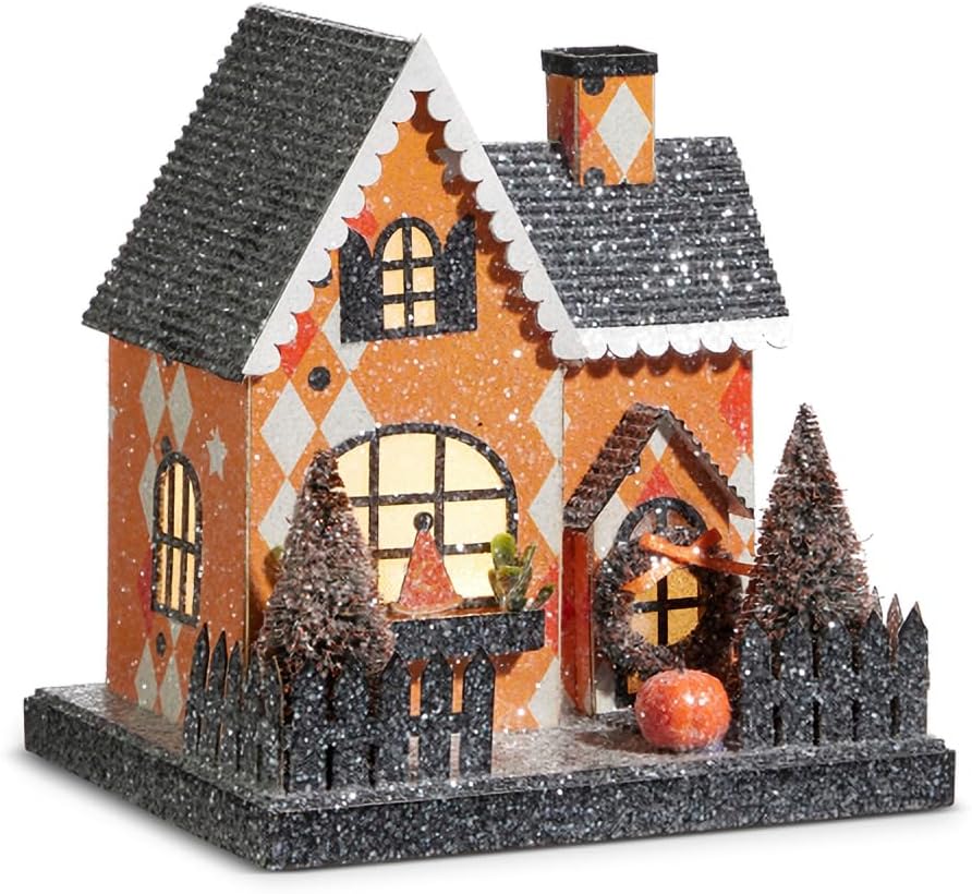 Raz Imports Lighted Halloween Party House Figurine, 7.75-inch Height, Paper and Sisal, Holiday Decoration, 4415614