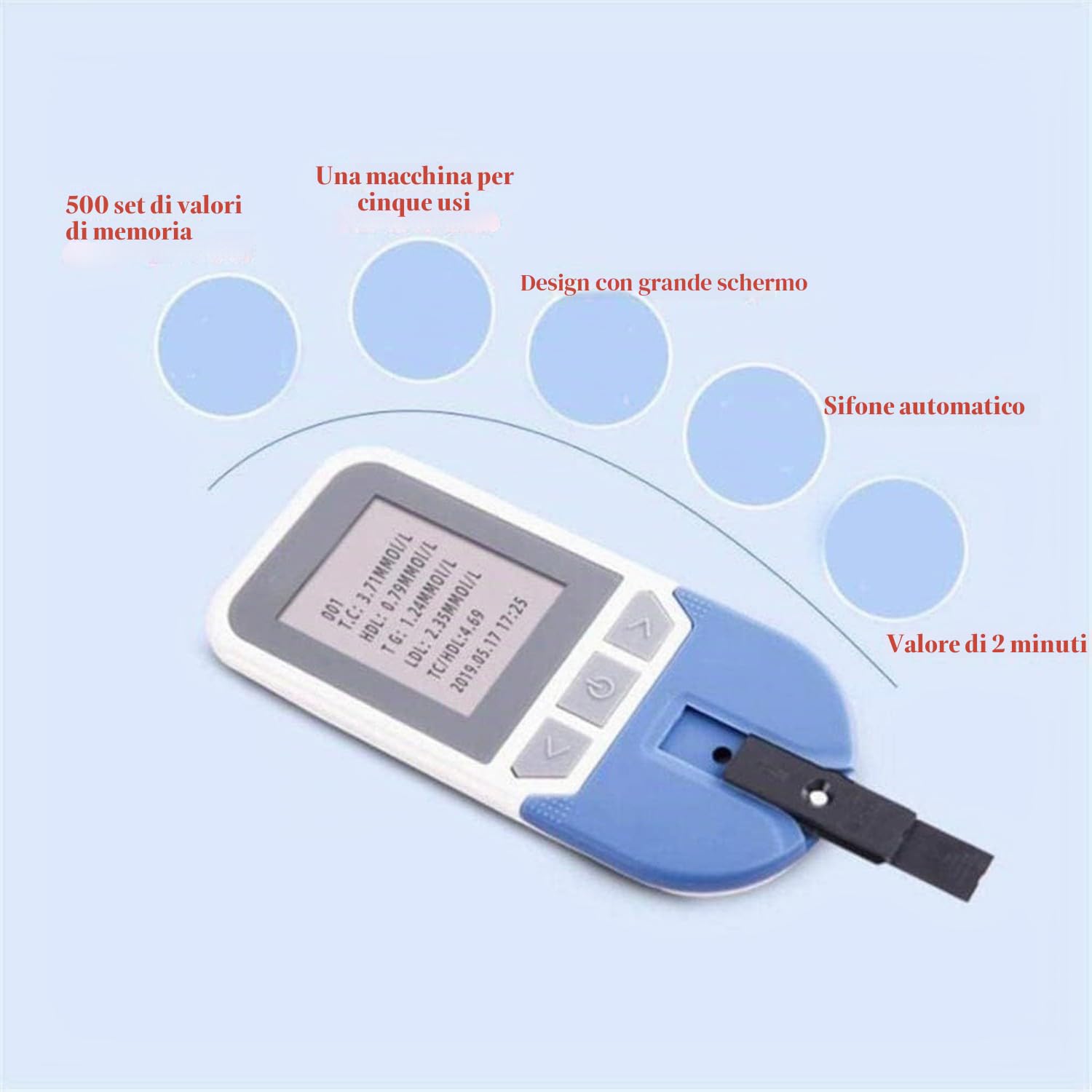 BLUEZY Tester del Colesterolo 4 in 1, Misuratore Colesterolo con 25 Strisce, Test Lipidico del Sangue Completamente Automatico per L'analisi di Colesterolo Totale, Trigliceridi, LDL, HDL A