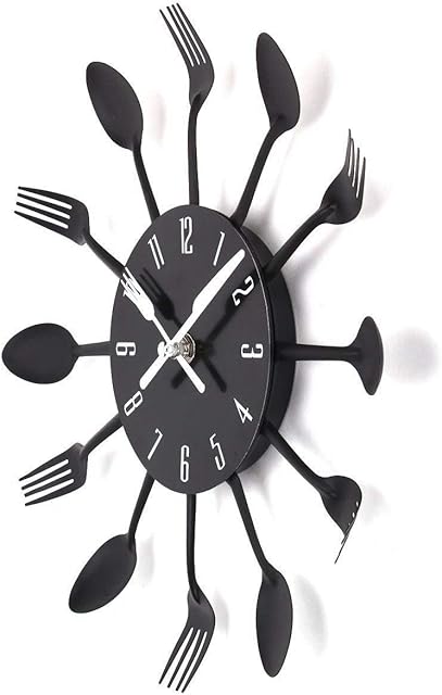 Timelike 3D Removable Modern Creative Cutlery Kitchen Spoon Fork Wall Clock Mirror Wall Decal Wall Sticker Room Home Decoration (Black)
