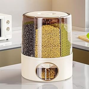 Grain Dispenser, 360 Rotating 6-Grid Dry Food Dispenser, Large Grain Container Storage with Lid, One-Click Output rice Storage Round Grain Dispenser Kitchen (Larger)