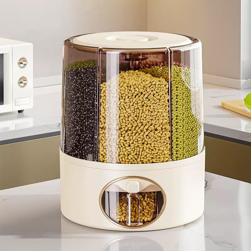 Grain Dispenser, 360 Rotating 6-Grid Dry Food Dispenser, Large Grain Container Storage with Lid, One-Click Output rice Storage Round Grain Dispenser Kitchen (Larger)