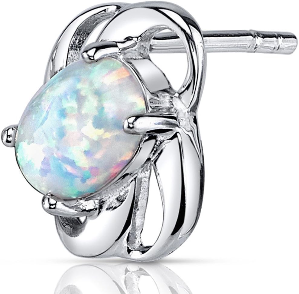 Peora Created White Fire Opal Stud Earrings for Women 925 Sterling Silver, 1.50 Carats total Oval Shape 7x5mm, Friction Backs, October Birthstone Earrings, Dainty, Iridescent Earrings