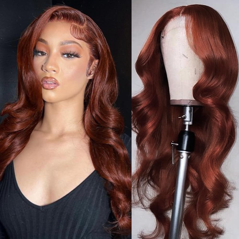 DÉBUT Bright Reddish Brown Body Wave Lace Front Wig Human Hair 4×4 Lace Front Wigs for Women HD Lace Front Wig Human Hair 180% Density Pre Plucked with Baby Hair Glueless Wigs (20 inches