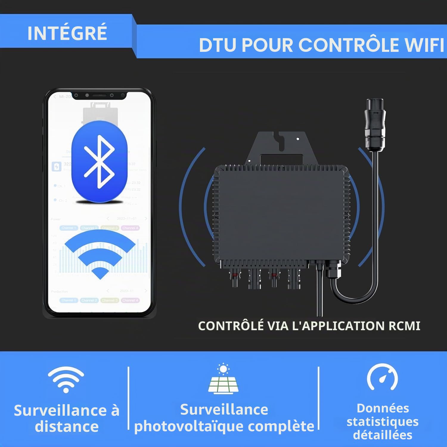 RC Micro Onduleur 800W, 26-60V DC Entrée, Onduleur Solaire MPPT Micro Alimentation Convertisseur avec Surveillance WiFi pour Téléphones Portables, Noir (§12 Abs. 3:0% (sans câble))