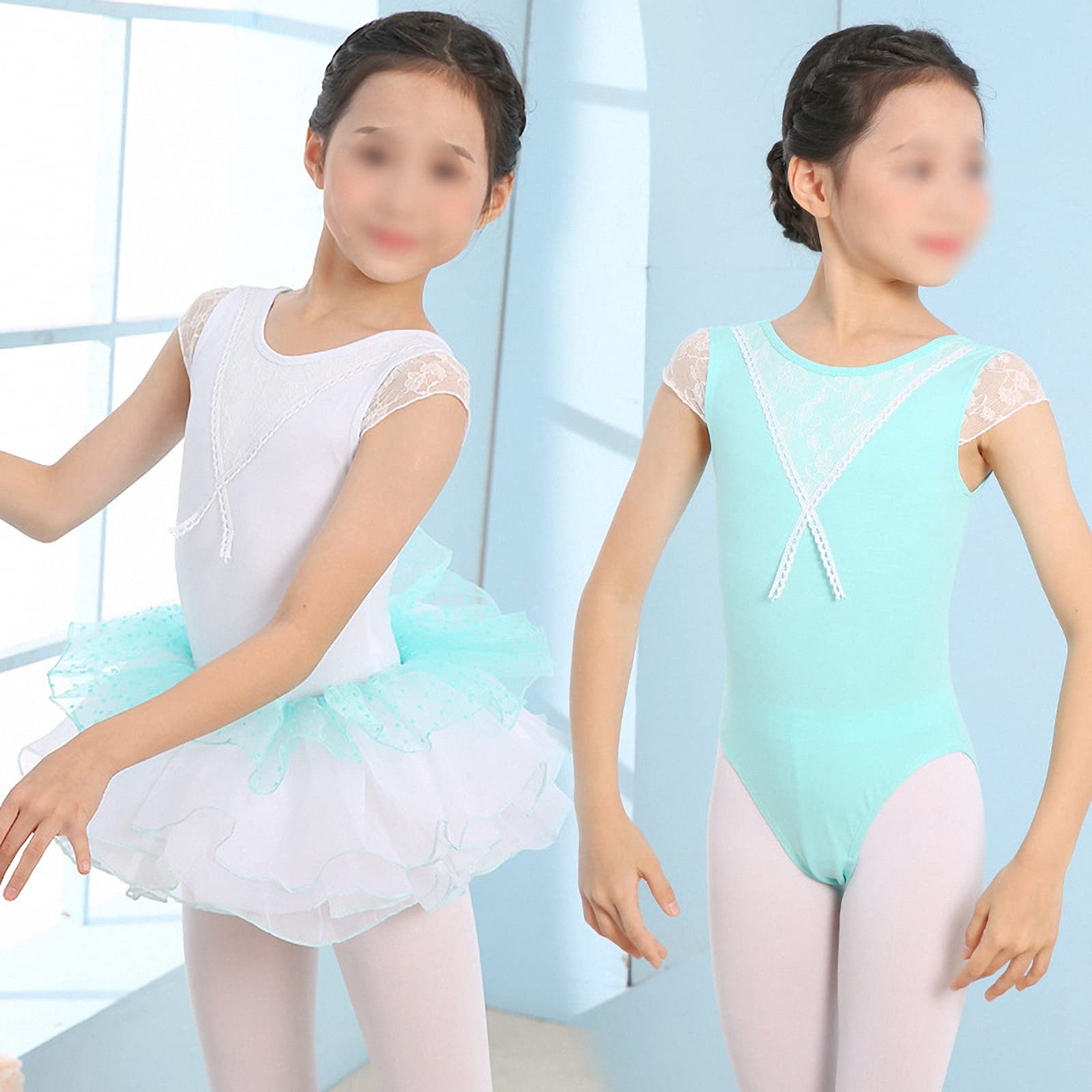 Ropa de práctica de Baile de Ballet para niños,Falda de tutú de Manga Corta de Encaje para niñas de Primavera y Verano,Leotardo de Baile cómodo y Transpirable para Escuela