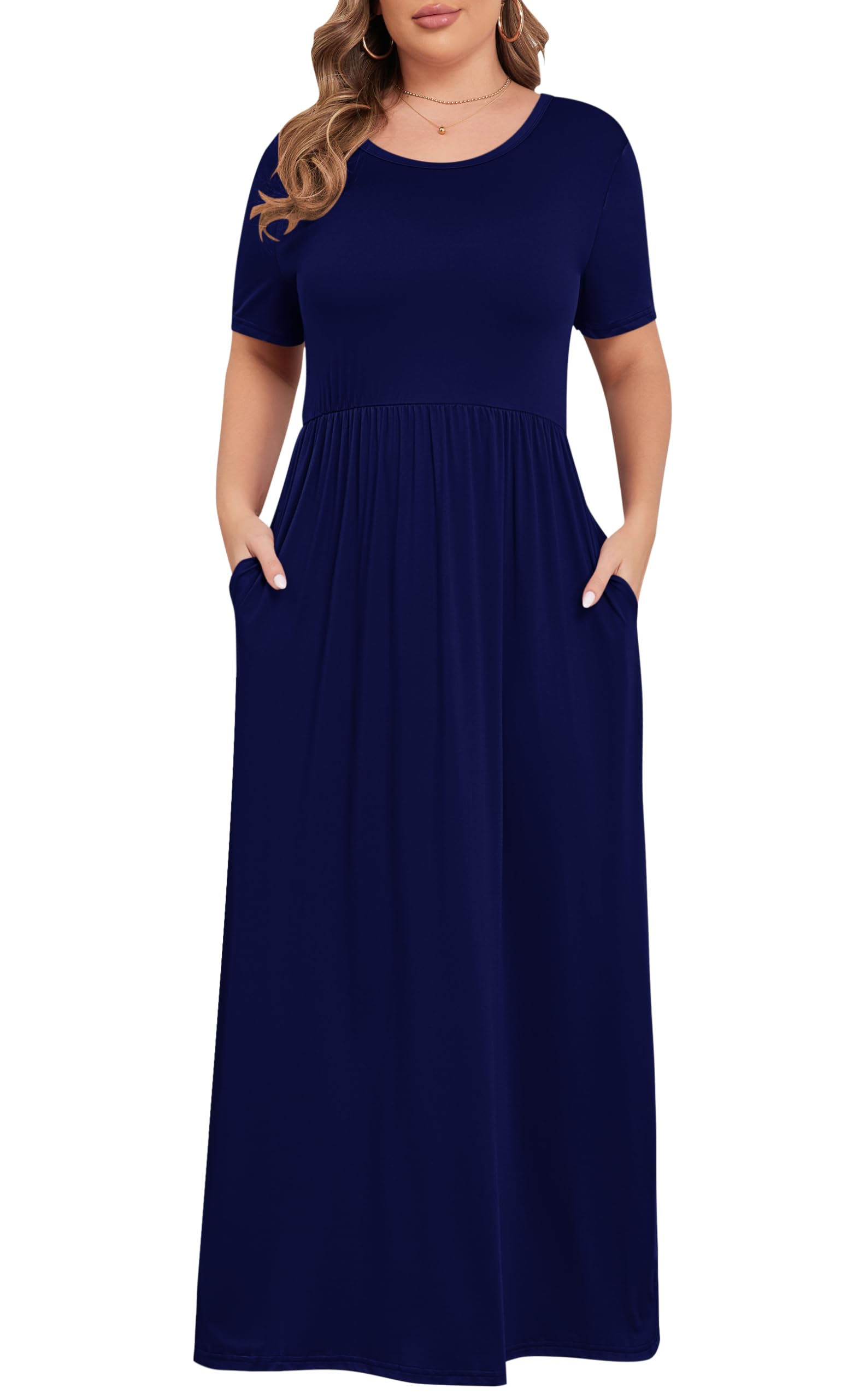 KARALIN Women Plus Size Maxi Dress Short Sleeve Round Neck Loose Fit A-Line