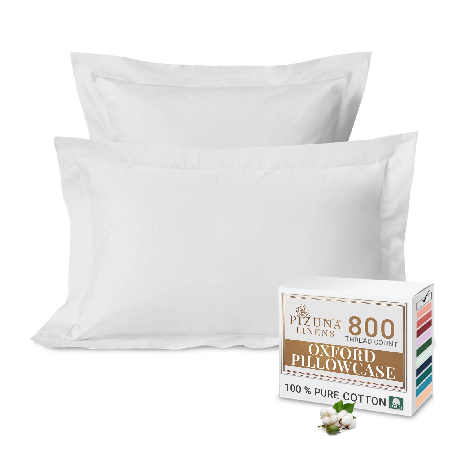 Pizuna Luxury Cotton Standard Pillow Cases 50x75 cm White, 800 Thread Count Crisp Breathable 100% Long Staple Cotton Sateen Weave Pillow Case With 5cm Hem (Hotel Pillowcase White - 2 PC)