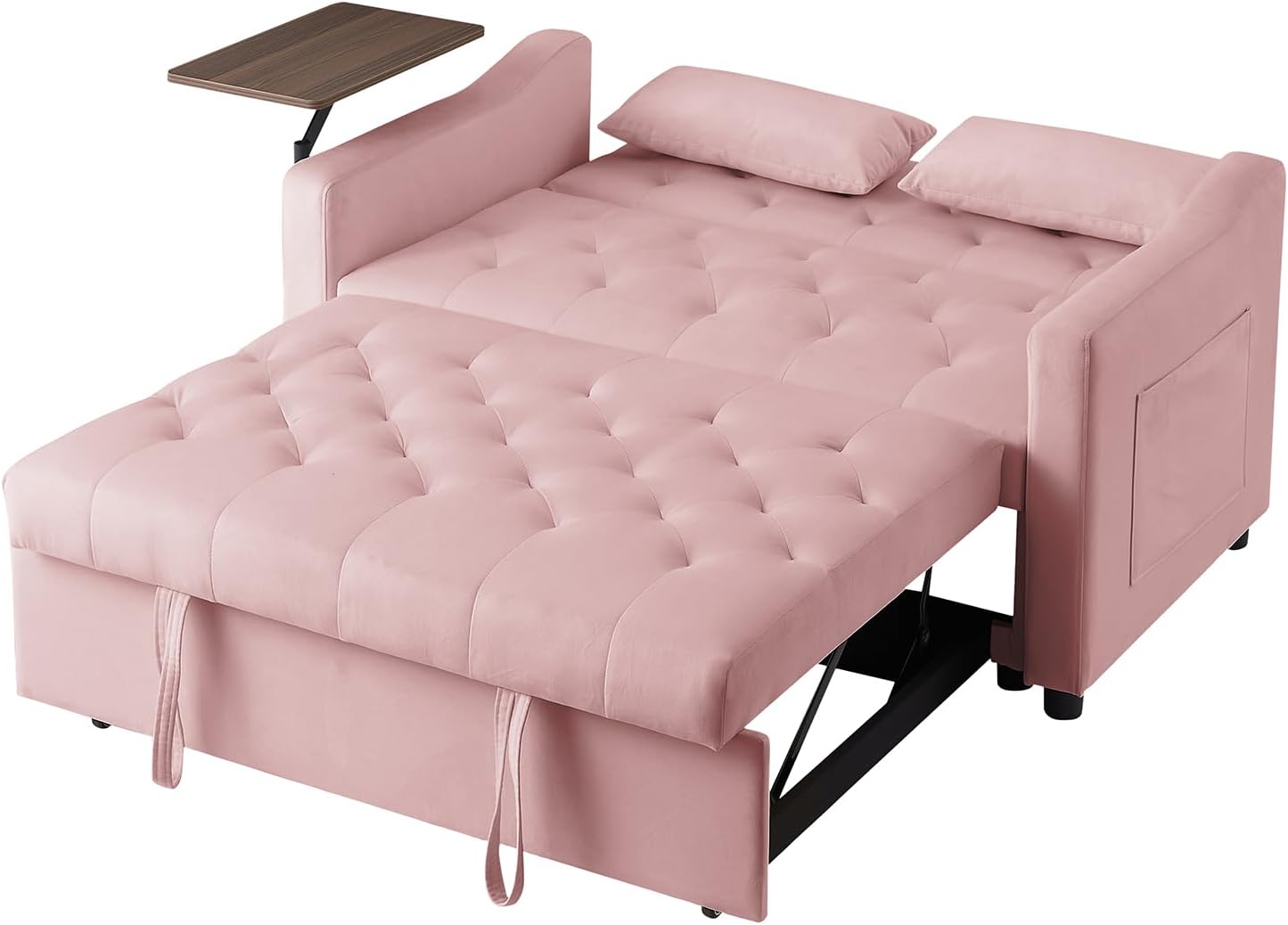 3 in 1 Sleeper Sofa Couch Bed Sofabed, Small Tufted Velvet Convertible Loveseat Futon Sofa w/Pullout Bed, Adjustable Backrest, Side Table,Throw Pillows for Living Room Apartment, Easy to Assemble
