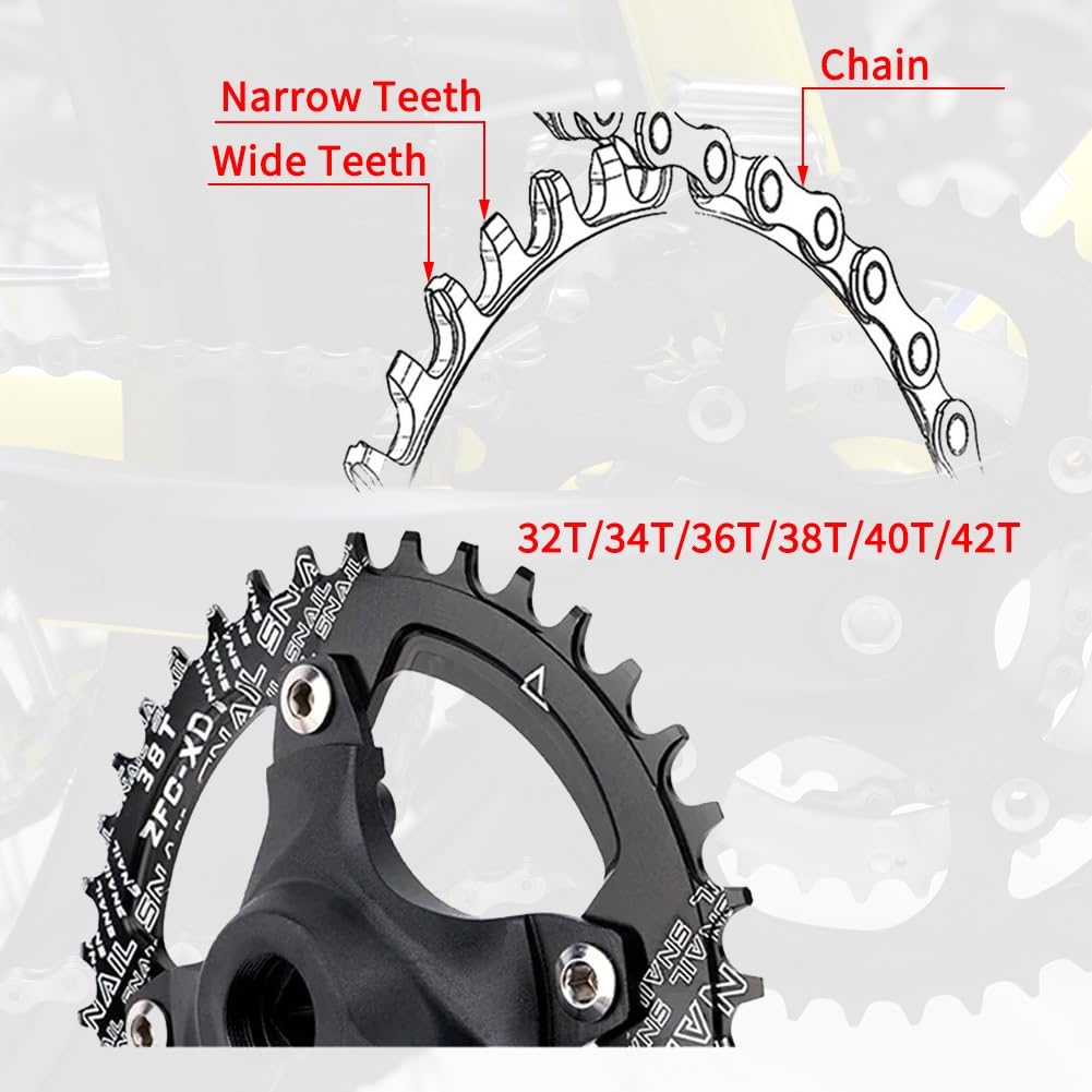 Guarnitura con foro quadrato da 170 mm, BCD 104, per mountain bike, 32/34/36/38/40/42T, corona rotonda a velocità singola con denti stretti e larghi, set di pedivelle per bici da 8-12 pollici in lega