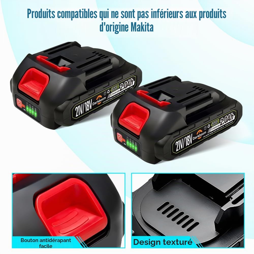 Lot de 2 batteries 21 V 2,0 Ah pour outil électrique, indicateur de charge, batteries pour taille-haie, tondeuse à gazon, souffleur, débroussailleuse, aspirateur, nettoyeur haute pression