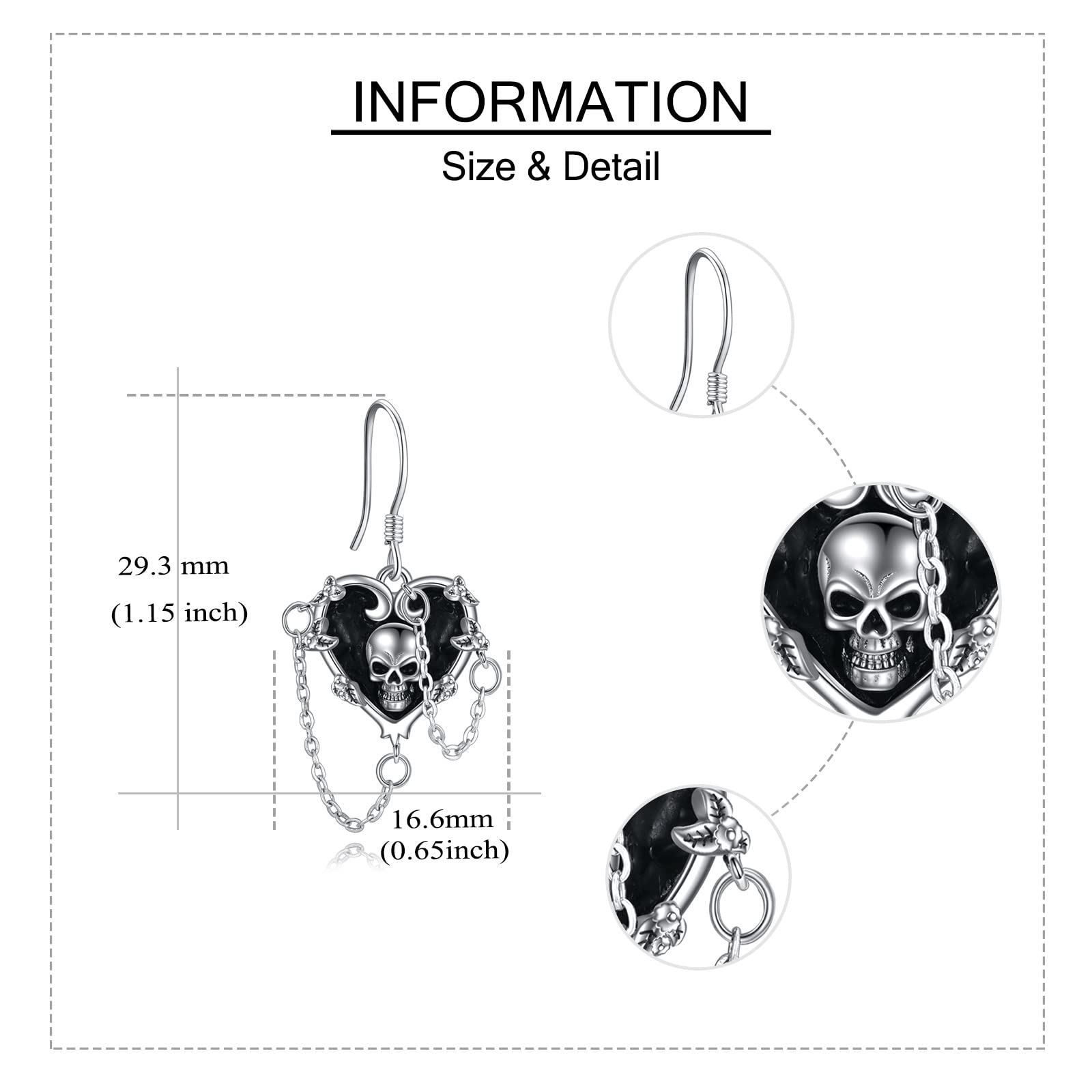 Orecchini da donna a forma di cuore, rosa gotica, stetoscopio, teschio, in argento Sterling 925, con rosa nera, Argento sterling Zirconia cubica, Zirconia cubica