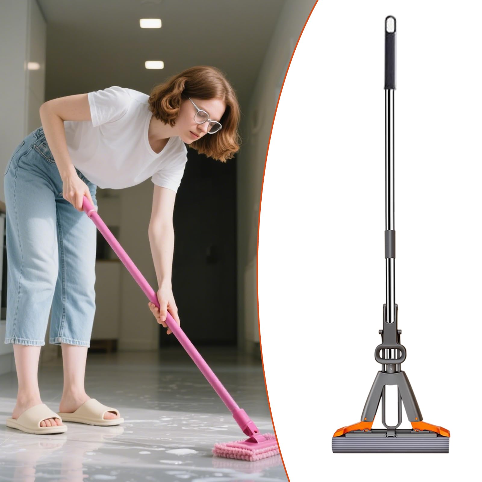 Mopa de Esponja – Rodillo de fregona autoexprimible para baño | mango de acero inoxidable PP con cabezal absorbente de eje largo, para madera dura, azulejos, laminado, mármol, agua, lim