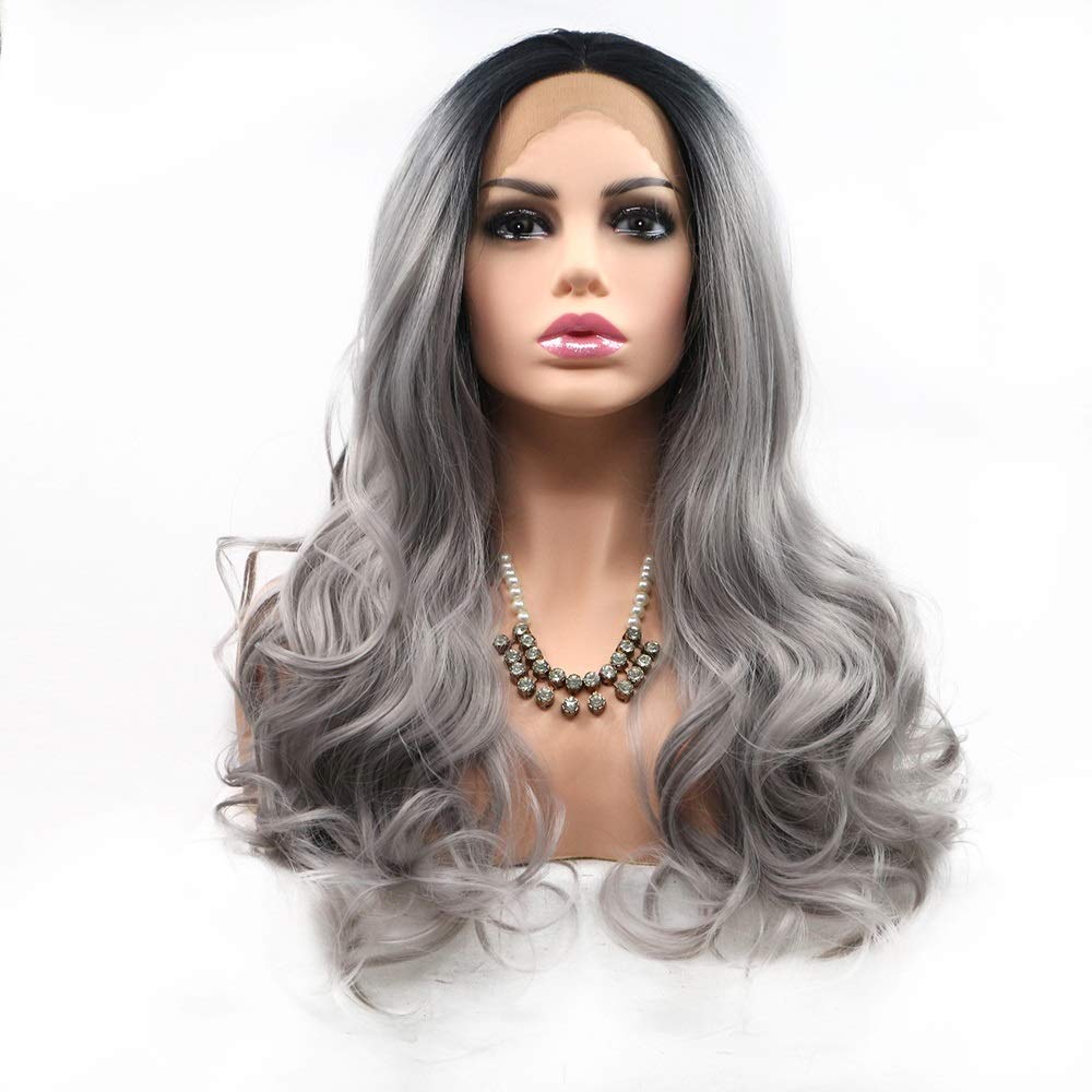 Perruque cheveux longs bouclés gris avec dentelle pour changer de tête sans coloration