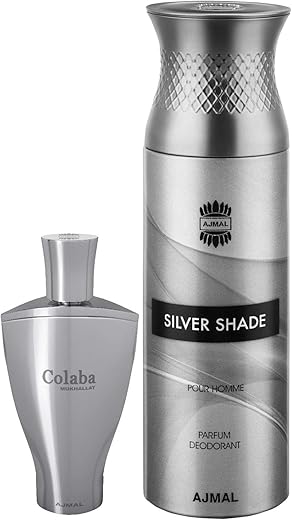 Ajmal Colaba Mukhallat Concentrated Perfume Oil Floral Oriental Alcohol-free Attar 14ml for Unisex and Silver Shade Homme Deodorant Citrus Woody Fragrance 200ml for Men FREE
