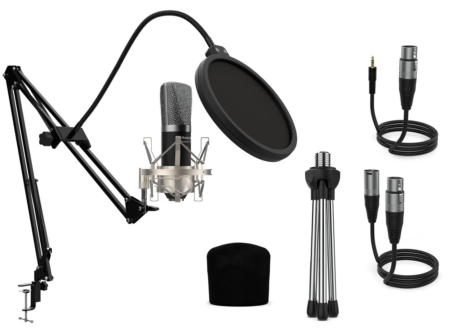 Audibax Berlin 1800 Silver Pro Studio mikrofon Condesandor, w zestawie uchwyt, anty-pop i kabel, zakres częstotliwości 20 Hz/20 kHz, mikrofon polarny, kardioid, srebrny