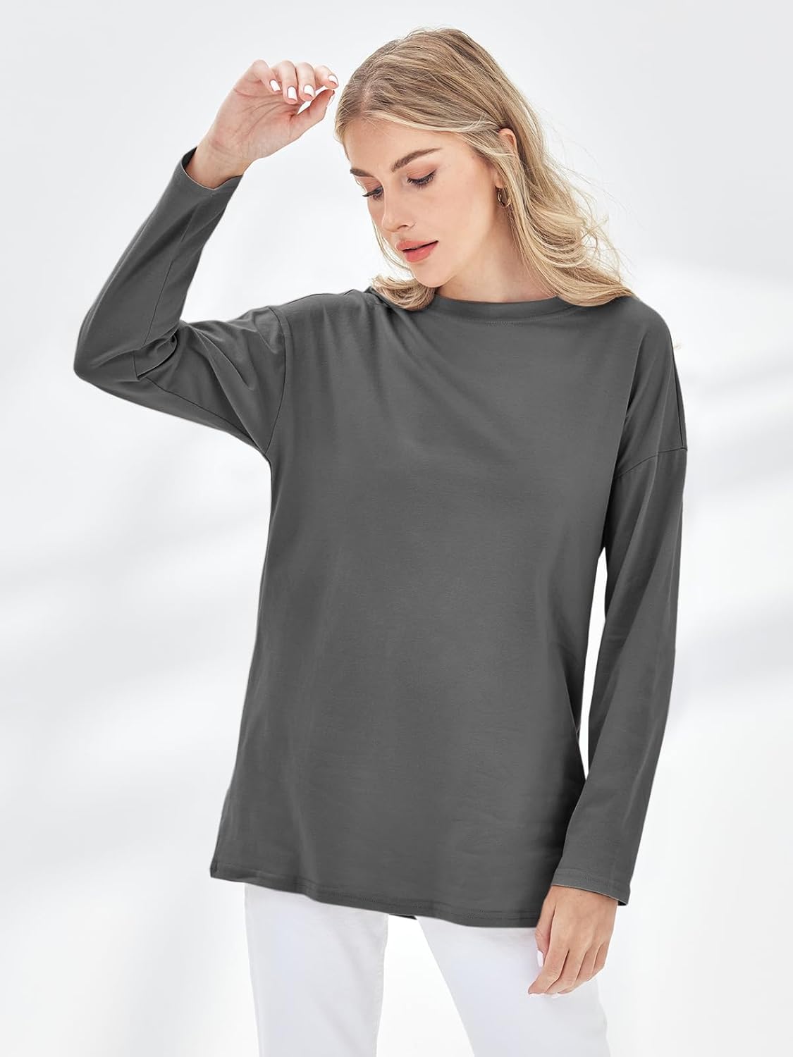 Fisoew Women's Long Sleeve Oversized T Shirts Loose Casual Crewneck Tunic Tops Soft Blouse - Image 2