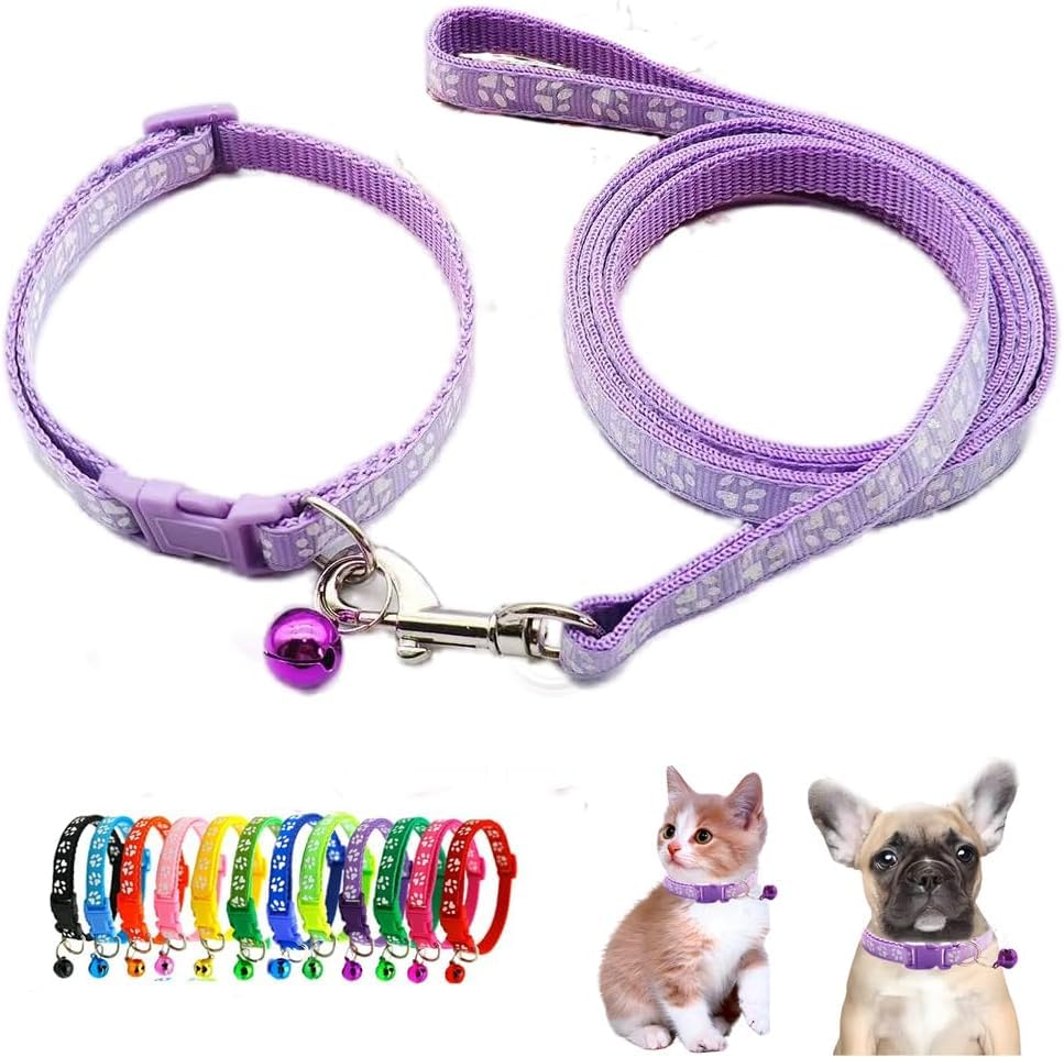 DOG TRUST Adjustable Cat Collar and Leash Set with Bell – Paw Print Breakaway Safety Collar, Matching Nylon Lead for Cats, Kittens, Puppies and Small Pets, Walking and Training (Purple)-picture-27