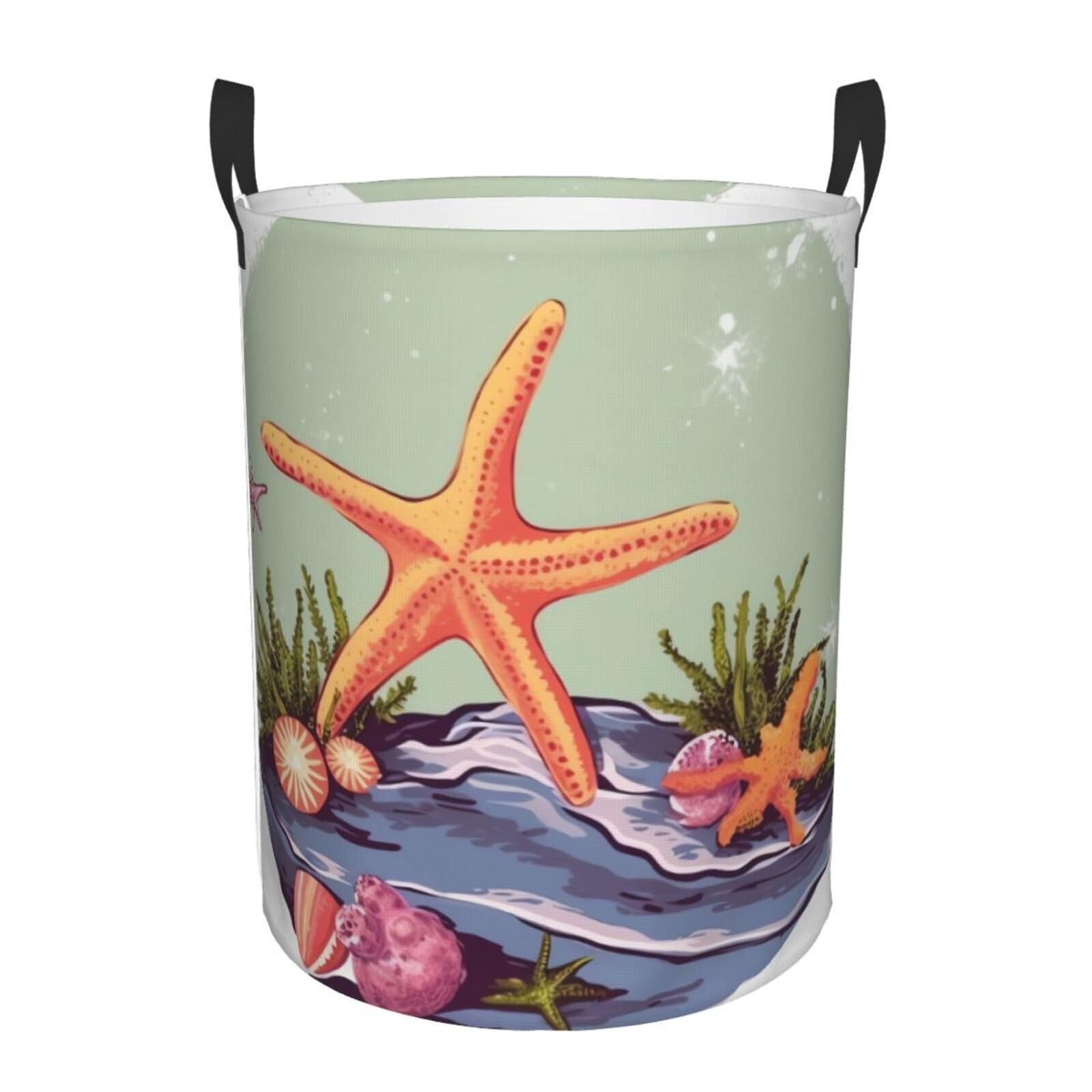 Starfish and seaweed illustration Laundry Basket With Handles, Foldable Laundry Hamper Oxford Cloth Dirty Clothes Basket Waterproof Clothes Toys Storage Bin Organizer for Bedroom Bathroom Dorm