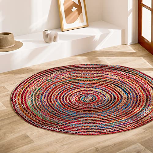 Tapete redondo 3' tejido a mano en yute multicolor miniatura 2