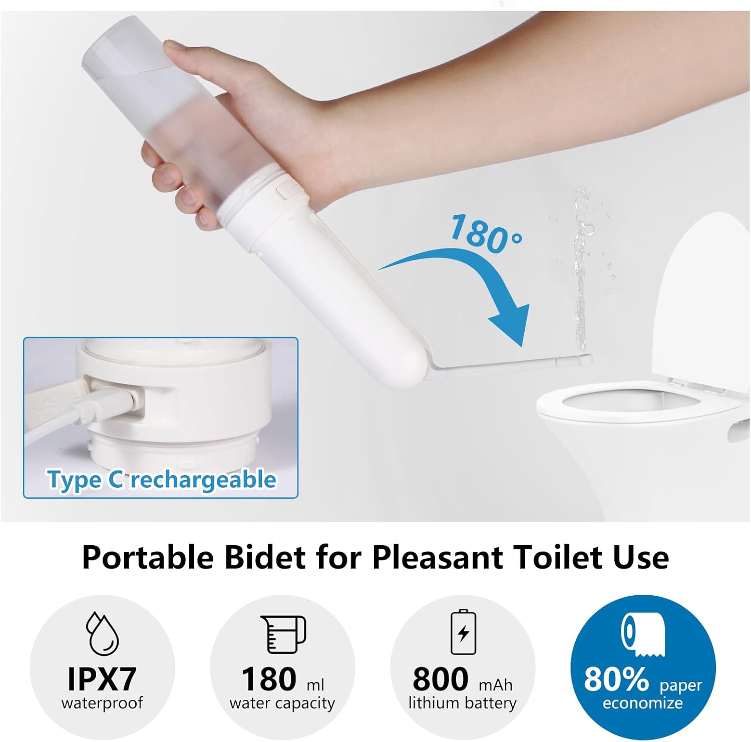 Portable Bidet for Travel, Rechargeable Electric Travel Bidet for Women & Men, Waterproof Handheld Bidet Sprayer High Pressure for Personal Hygiene Cleaning