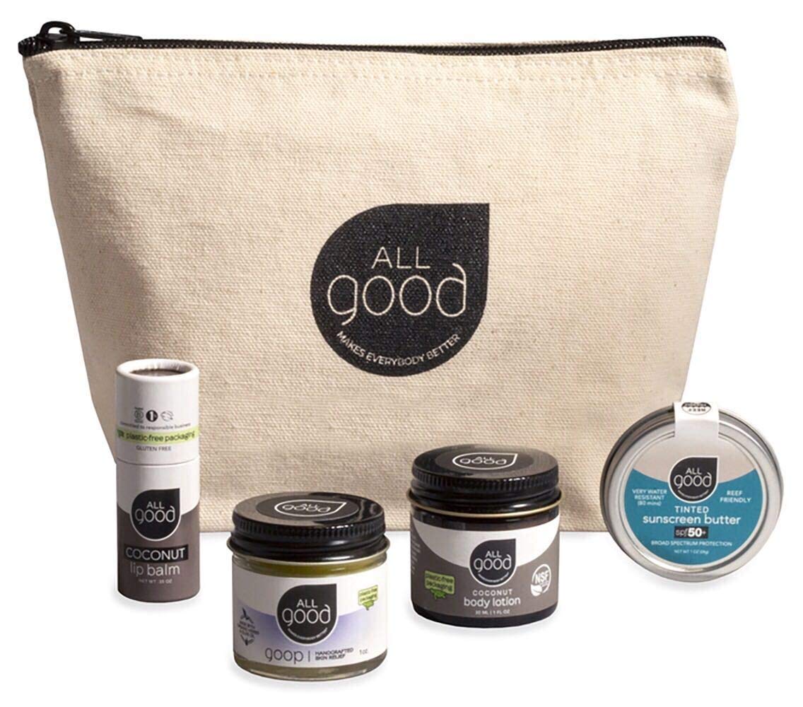 All Good Plastic-Free Skin Essentials Gift Set - 1 oz Goop, 1 oz Coconut Body Lotion, 1 oz Tinted Sunscreen Butter, Coconut Lip Balm, Re-Usable Canvas Pouch