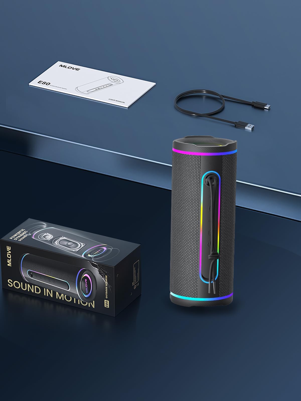 MLOVE E80 Altavoz Portátil Bluetooth Inalámbrico Impermeable RGB LED Luz True Wireless Stereo, Bluetooth 5.4, Bass Boost, Micro-SD, Jack 3,5mm, Carga Type C, Negro