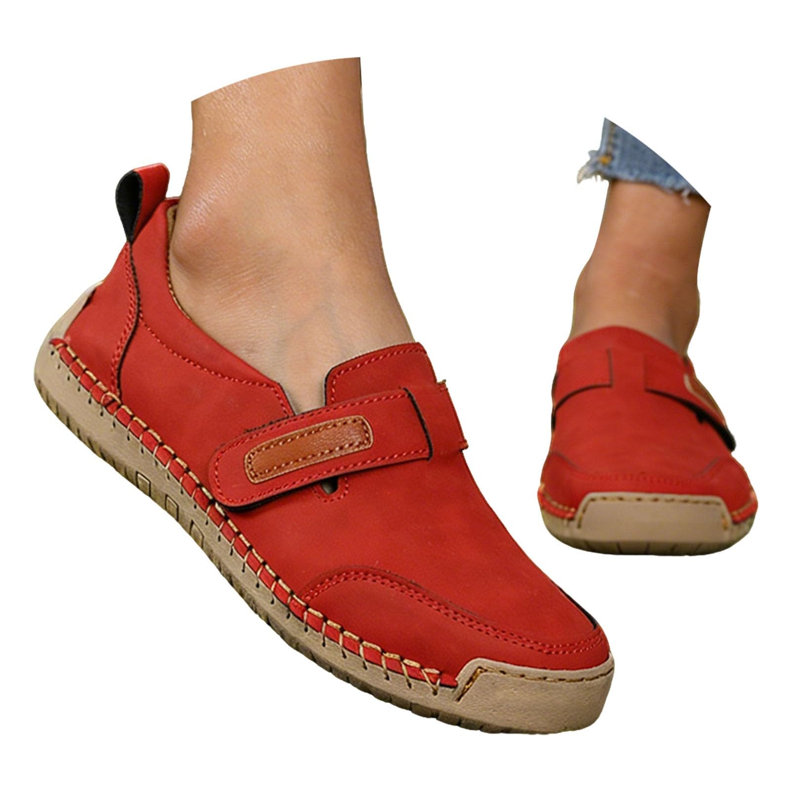 Mocasines casuales de cuero cosido para mujer, cómodos zapatos planos para caminar con correa ajustable de cierre táctil para recados diarios y viajes