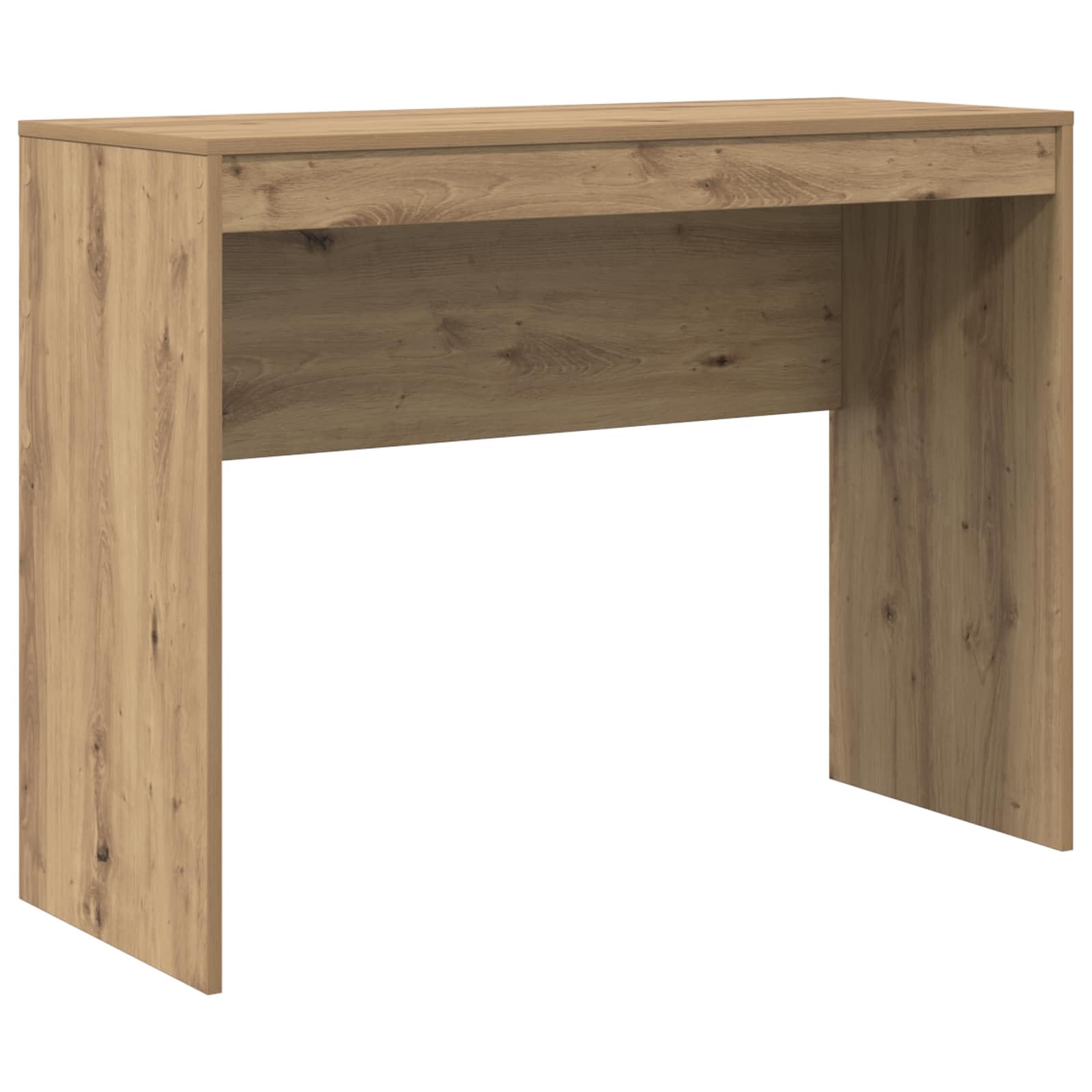 Scrivania in legno di ingegneria marrone con ripiani integrati, ampia superficie per computer e documenti, stile moderno minimalista per ufficio a casa