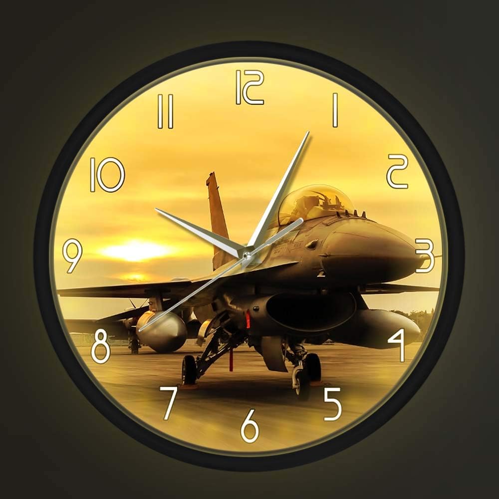 Geek Alerts F16 Falcon Fighter Jet Aircraft Plane Silent Quartz Wall Clock with Sound Control LED Night Light United States Air Force Aircraft Aviation Smart Watch Military Pilot Gift