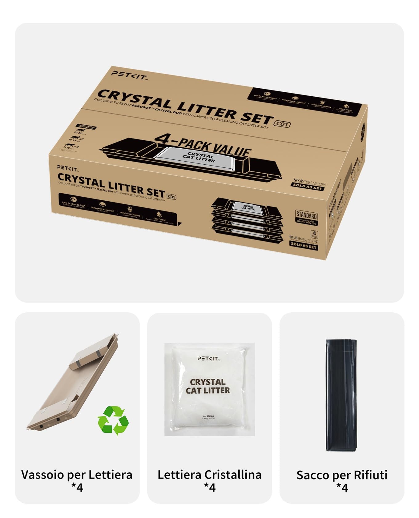 PETKIT Lettiera per Gatti Crystal, Lettiera per Gatti non Agglomerante, Compatibile con PUROBOT CRYSTAL DUO, Eliminazione Multi-odore, Antipolvere, Leggera e Pronta, Ricambio Diretto, 4 Sacchi