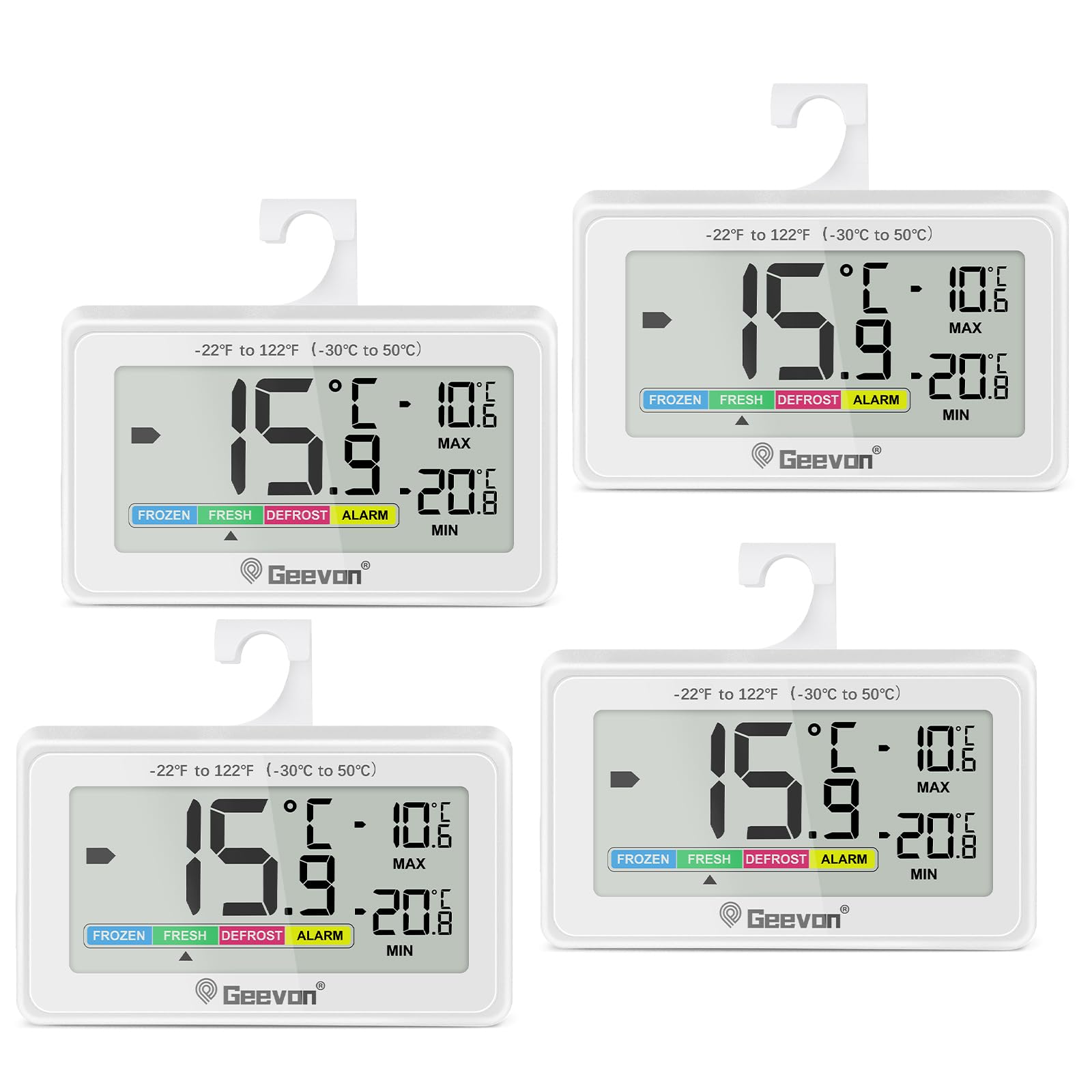 Geevon Kühlschrankthermometer, Digital Mini, IP65 Wasserfest, für Kühlschrank Gefrierschrank Innen Thermostat mit LCD Bildschirm, Max Min Aufzeichnung - mit Batterien (8707A-WH-4)