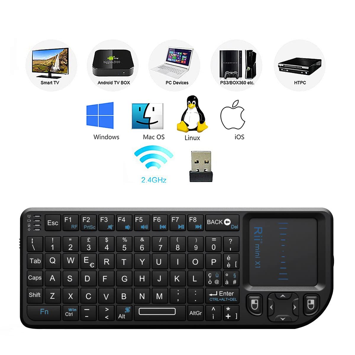 Rii Mini X1 Wireless (layout ITALIANO) - tastiera con mouse touchpad per Smart TV, Mini PC, HTPC, Console, Computer