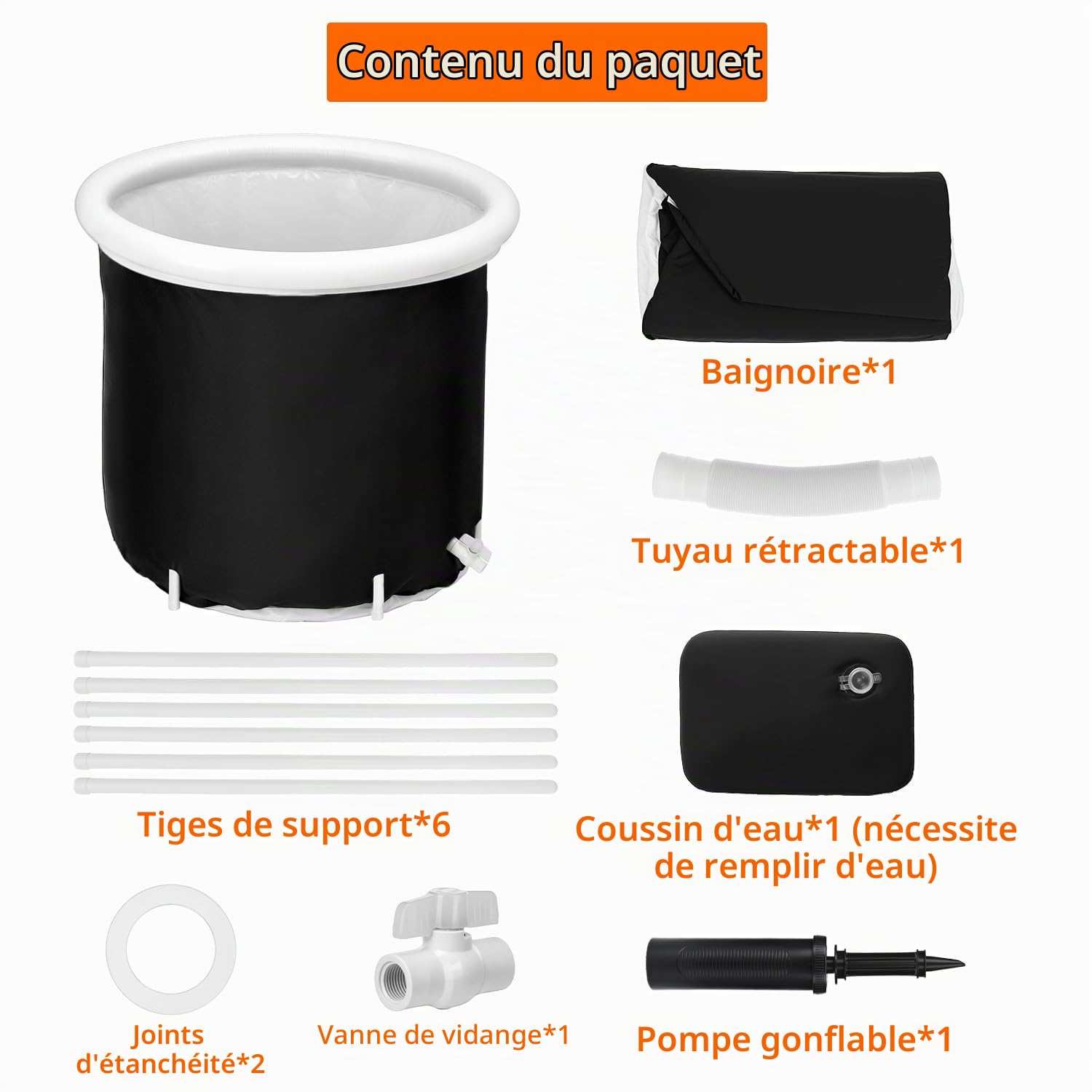 QWORK® Baignoire pliable 75 x 75 cm, baignoire gonflable autoportante pour douche et adultes, cuve portable pour bain froid, sels et détente