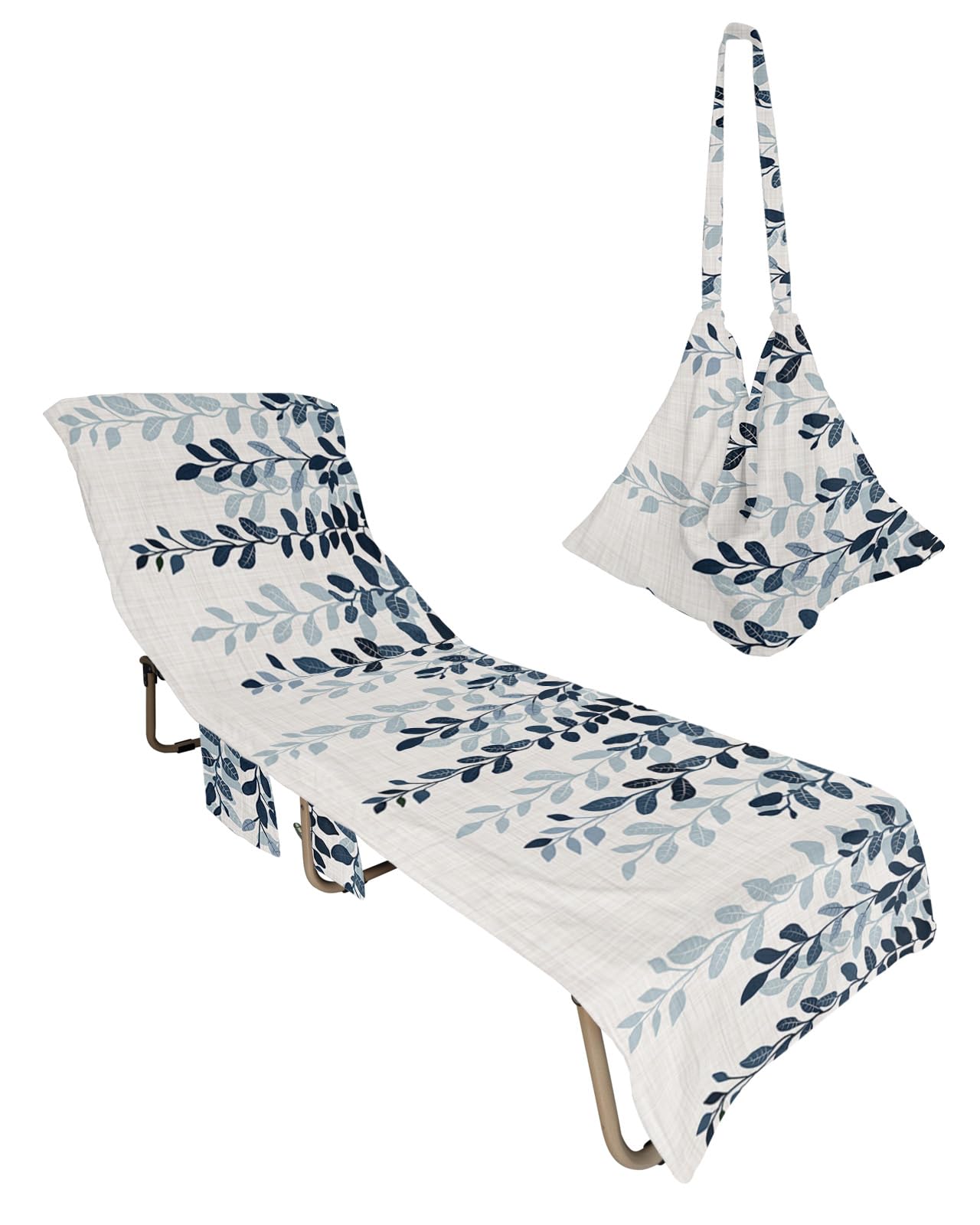 Beach Pool Patio Lounge Chaise Chair Cover Towel with Pockets,Blue Eucalyptus Absorbent & Quick Dry Microfiber Towel Cover Bag Summer Travel Accessories Vintage Gradual Leaves Contemporary