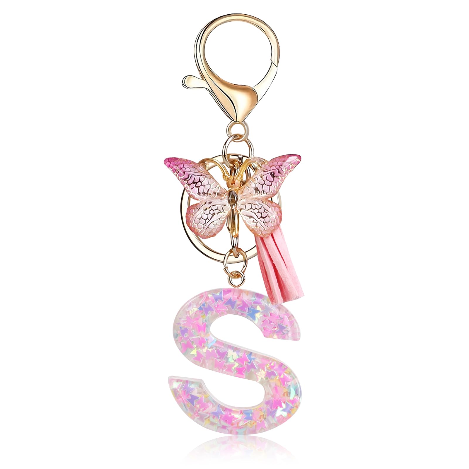 Fmeida Initial Letter Keychains for Women Cute Pink Keychain with Tassel& Butterfly
