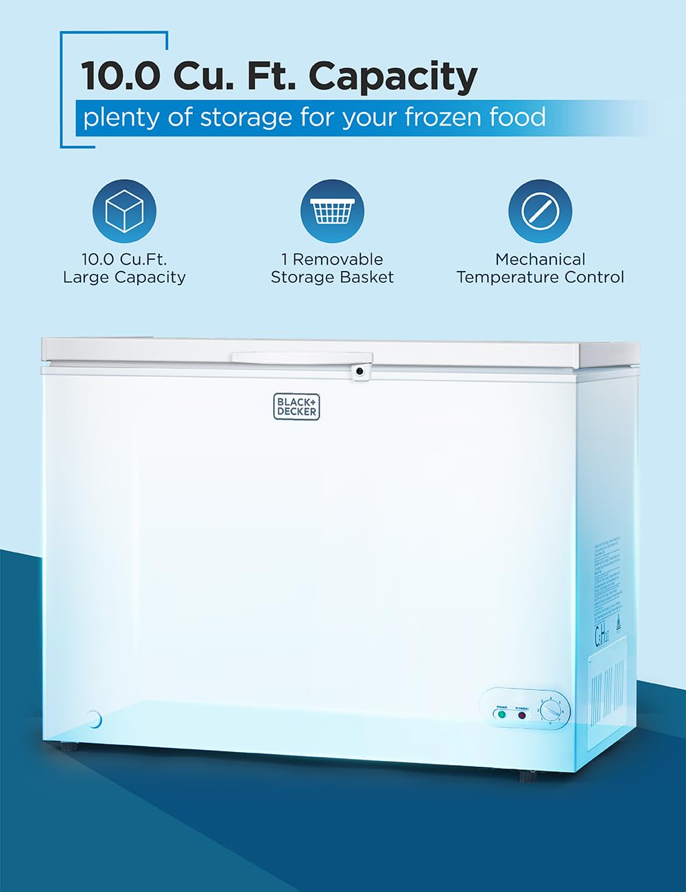 Black+Decker 10 Cu. Ft. Chest Freezer, Deep Freezer With Top Opening, Freezer Chest With Removable Storage Basket, Mechanical Temperature Control, Manual Defrost, R600a Refrigerant, Bcf1000e, White on Fridge.com - View 2