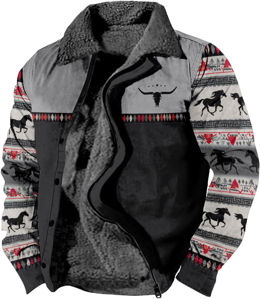 DMOYALA Western Aztec Jackets for Men Fleece Cowboy Shirt Jackets Cow Skull Graphic Coats Long Sleeve Jackets with Pocket