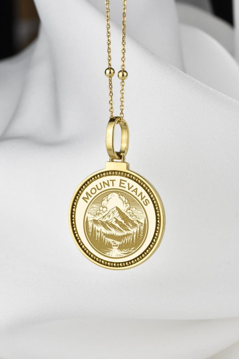 Mount Evans Engraved Pendant Necklace - 14K Gold Plated 925 Sterling Silver Round Medallion With 18 Inch Cable Chain. 28mm Pendant for Men & Women |JA_PENK_2727
