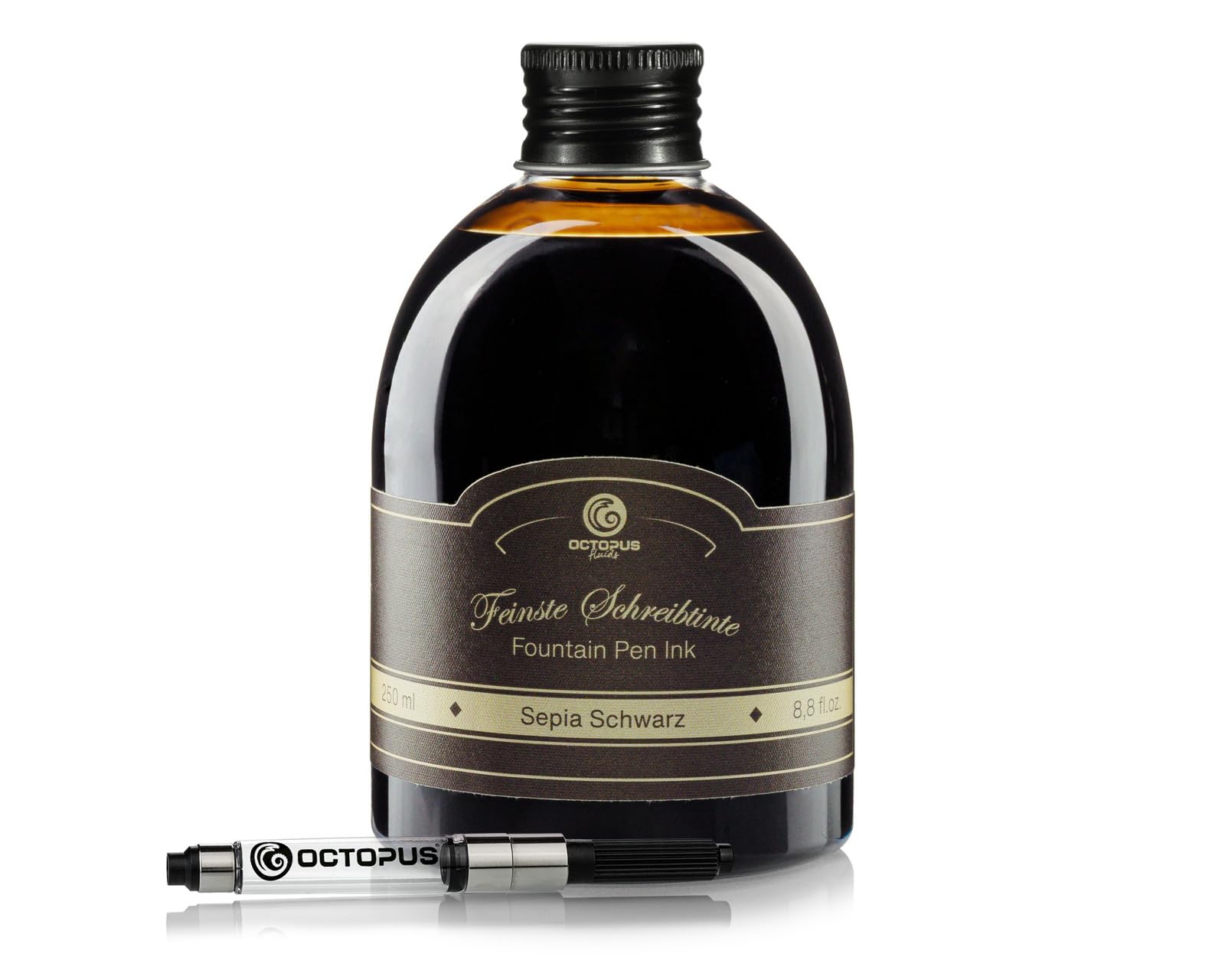Octopus Fluids Classic Sepia Black pióro wieczne - zestaw z wkładem o pojemności 250 ml i konwerterem atramentu, wysokiej jakości tusz do pisania do piór wiecznych i piór