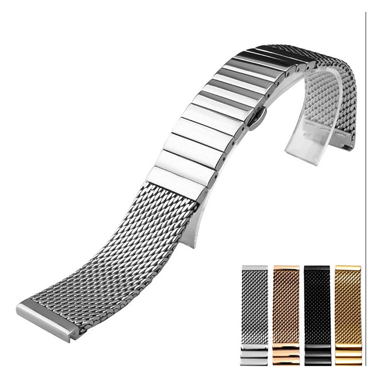 Bracelet en Maille Portofino Solide en Acier Inoxydable, Double Pression, Fermoir Papillon, Bracelet de Montre 18 20 22 24 mm (Argent 24 mm)