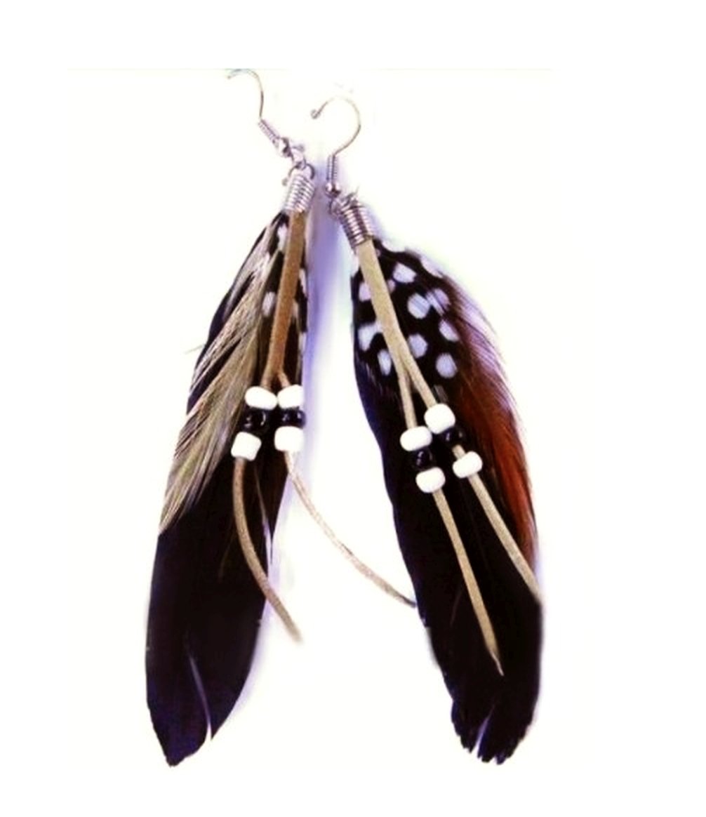Wild Westina Trendy Feather Silver-Coloured Earrings with Black, Reddish-Brown and Polka-Dot Feathers, Leather Tassels and Beads