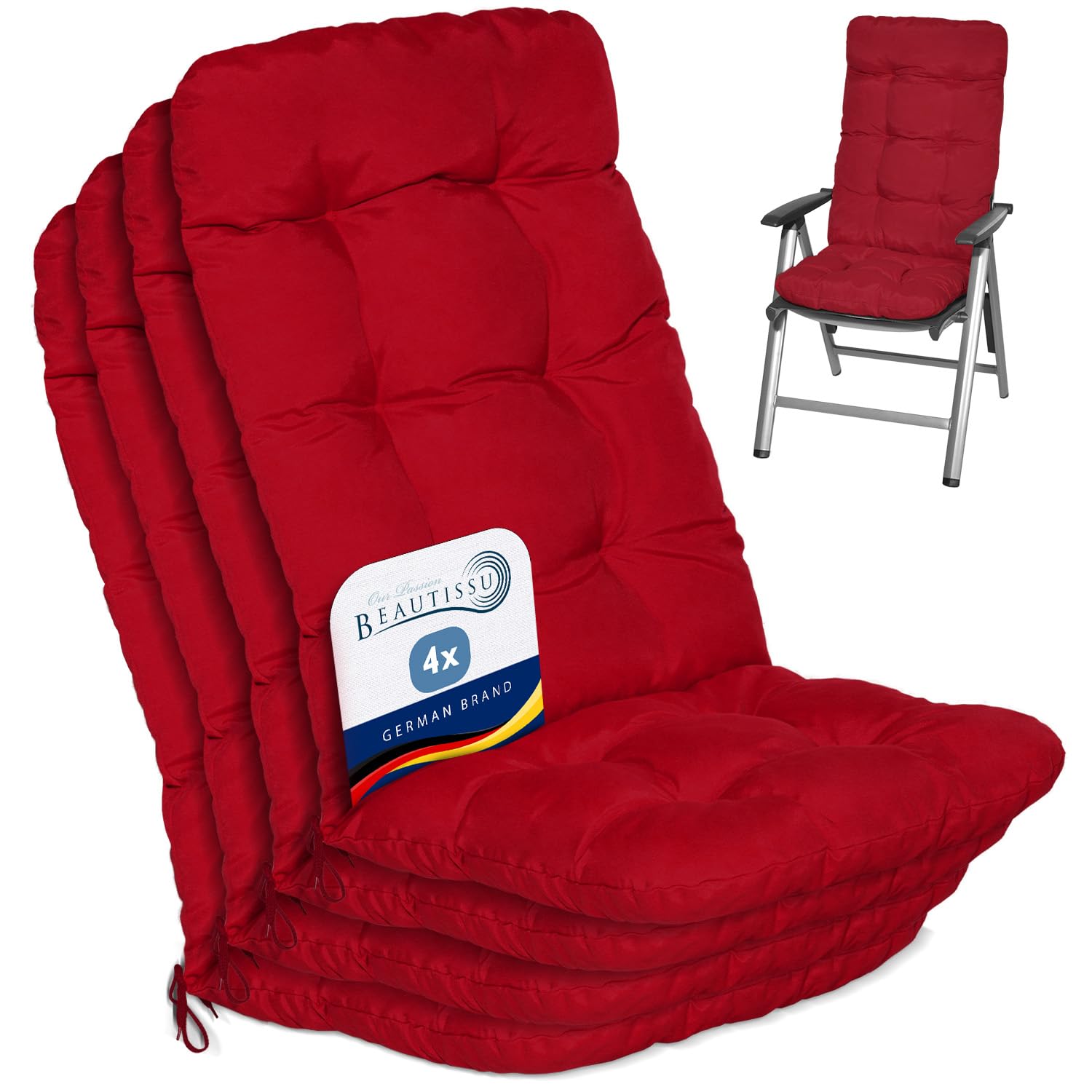 Beautissu Set of 4 Highback Garden Chair Cushions Set 120x50x8 cm - Red Outdoor Seat Cushions for Garden Chairs with Backs Pillows for Recliner Patio Sunbed Bench - Flair HL — image 1