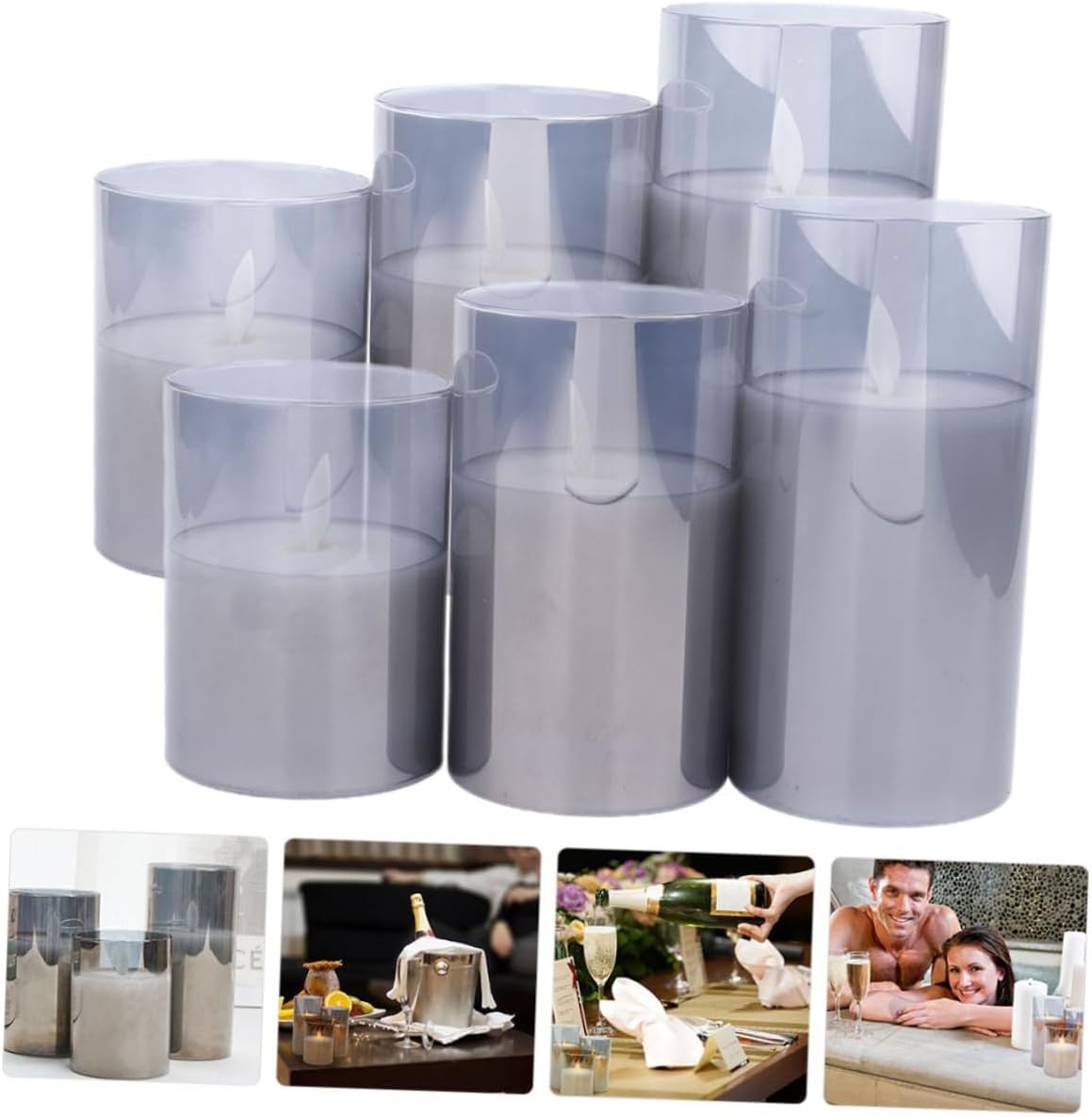 CHILDWEET 6pcs Flameless LED Glass Candle Lights Battery Operated Electric Candle Lamps for Home Decor and Romantic Candlelight Scenes, Grey Mixed Sizes 7.5/10/12.5/15cm