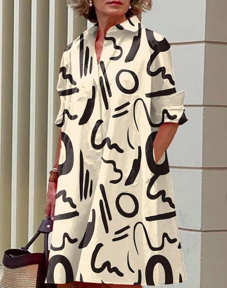 Womens 2025 Long Sleeve Button Down Shirt Summer Dress Casual V Neck Loose Fit Midi Shirt Dresses with Pockets - Image 2