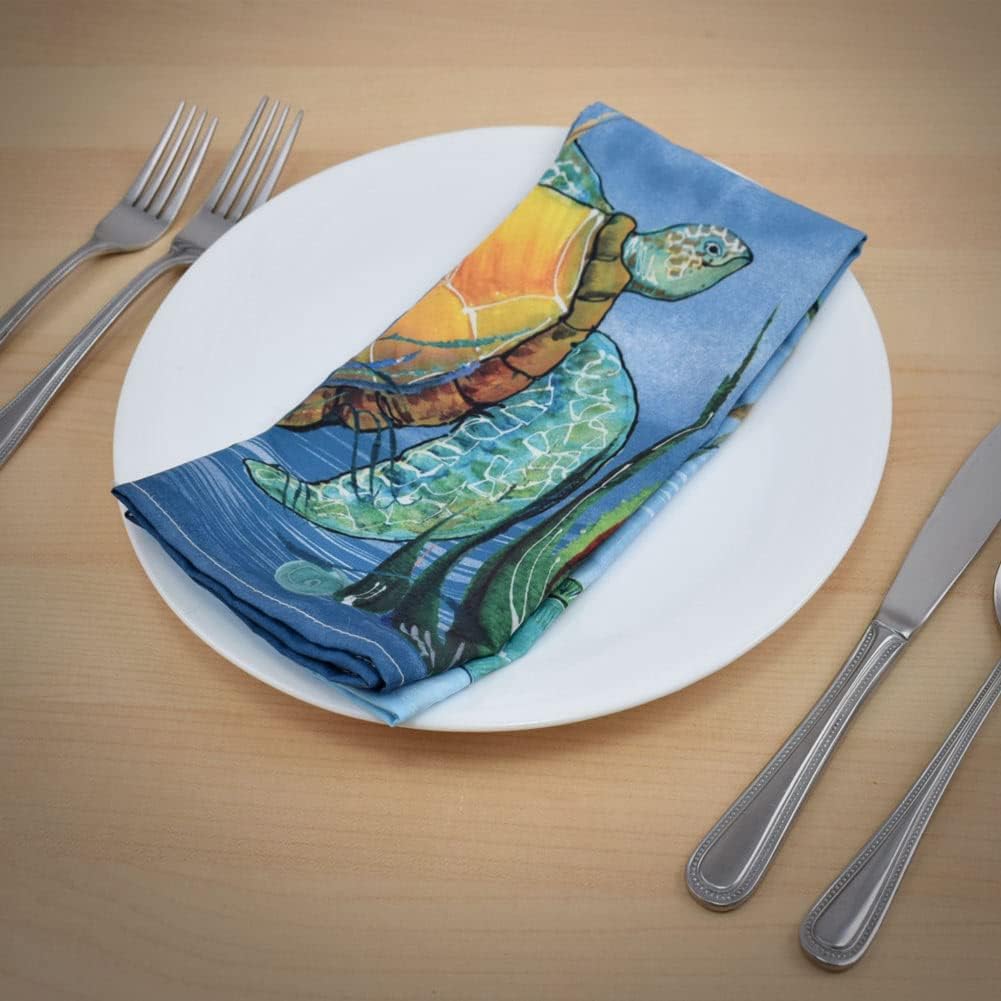 Swimming Sea Turtle Art Cotton Microfiber Table Napkins (Set of 2), 19" Square